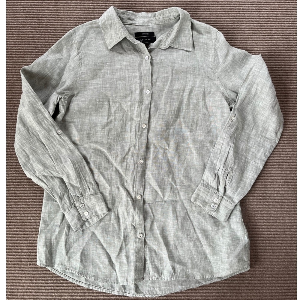Tahari Womens Sage Green 100%‎ Linen Button Down Long Sleeve Shirt Size Small